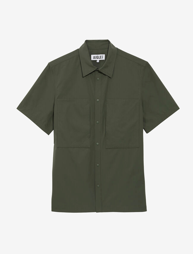Green short-sleeve shirt with collar on a white background