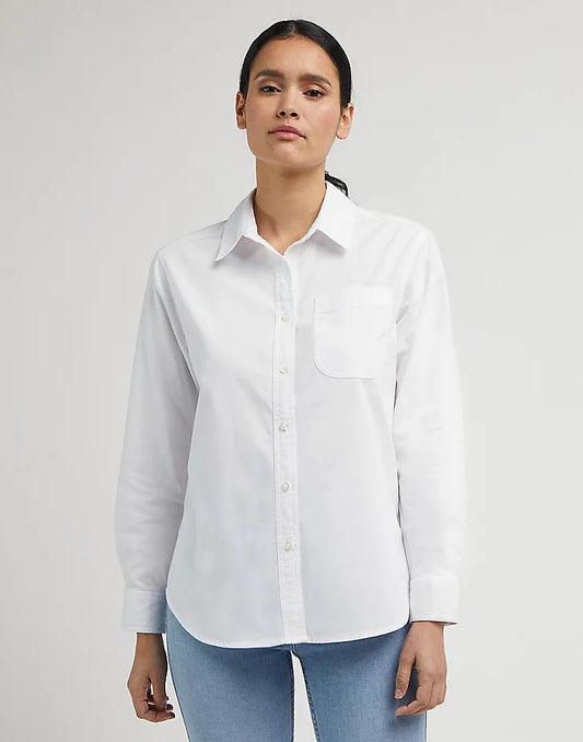 Button Down white oxford style womens shirt with left hand chest pocket and curved hem - white cotton