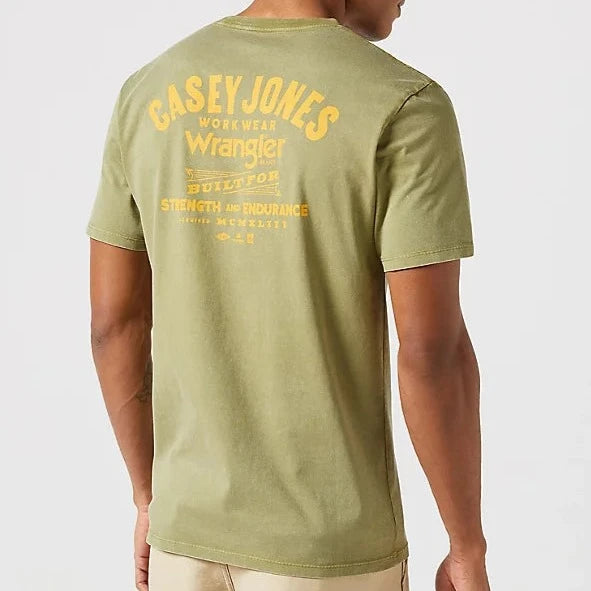 Casey Jones logo on the back of an olive short sleeve t-shirt 
