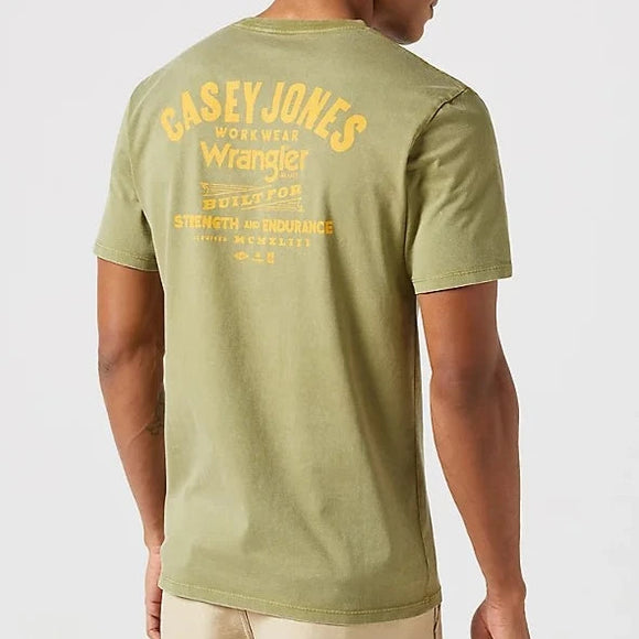Casey Jones logo on the back of an olive short sleeve t-shirt 