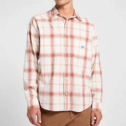 Ecru/Redwood check shirt lightweight poplin fabric and relaxed fit with open collar. left-hand side chest pocket.