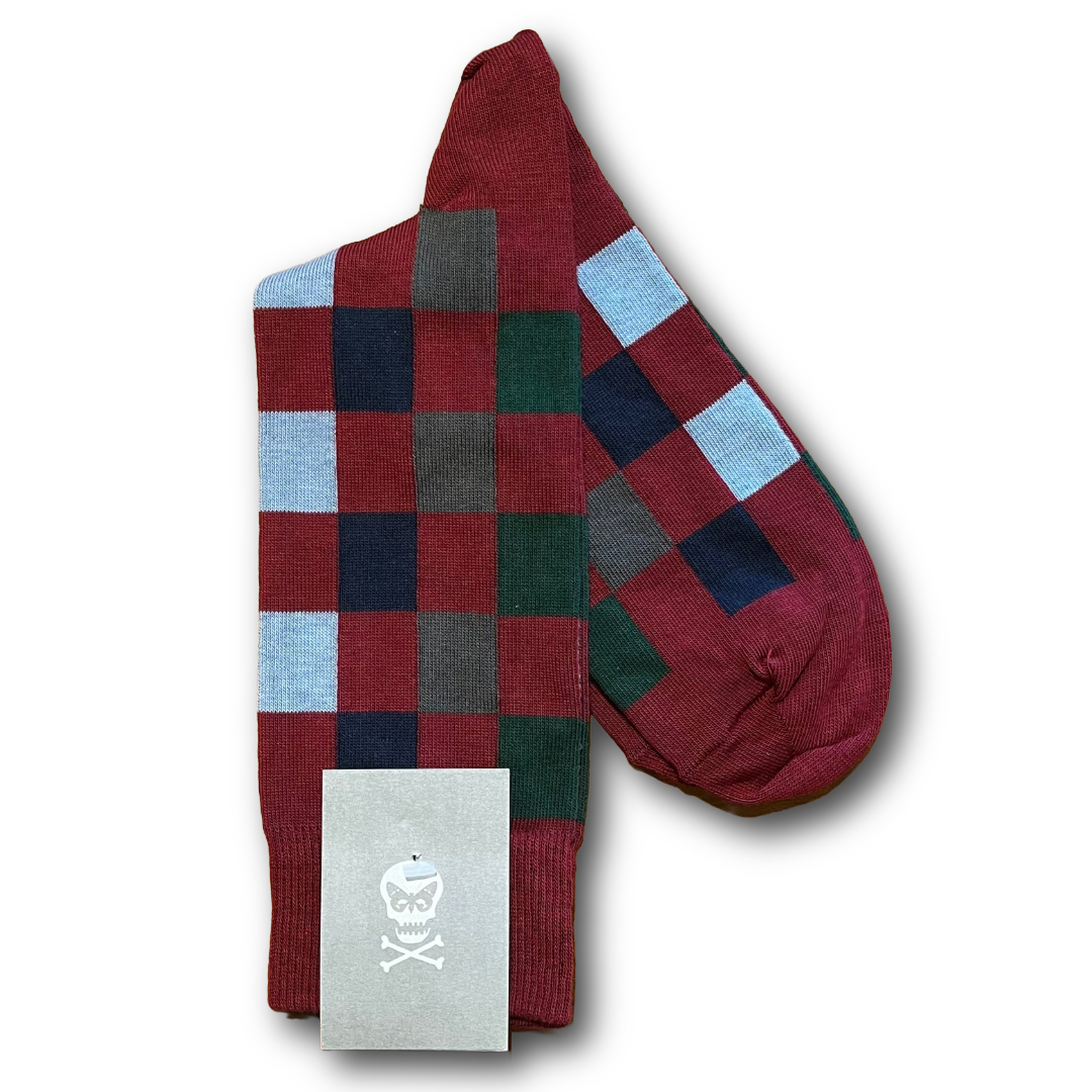 Burgundy and green/navy/blue checked socks sold at regent