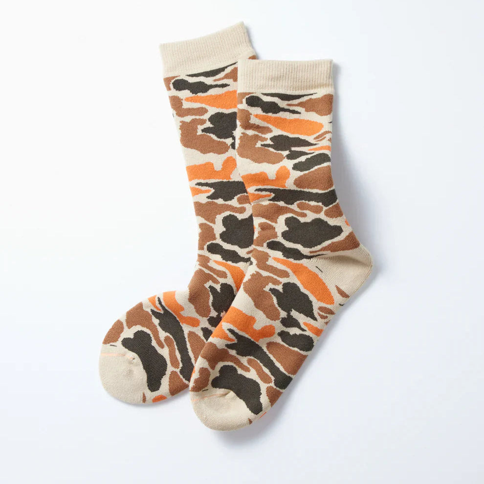 Camouflage-patterned socks on a white background