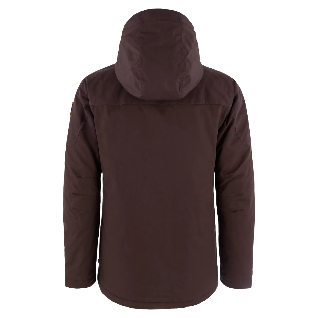 A dark brown hooded jacket shown from the back, photographed on a clean white background.