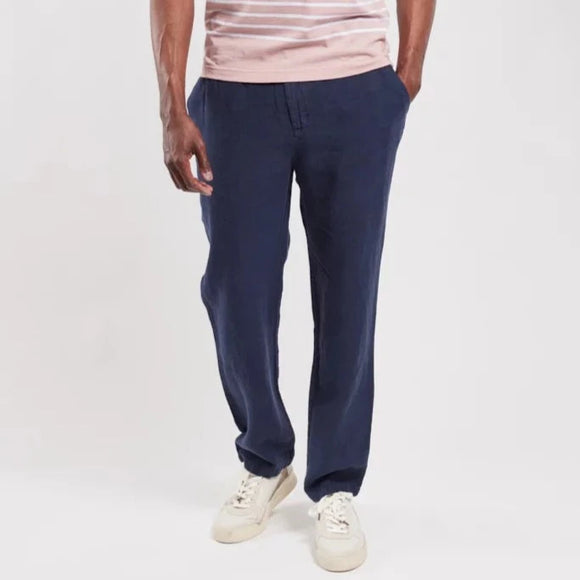 Deep Marine linen trousers, fake fly and elasticated waist
