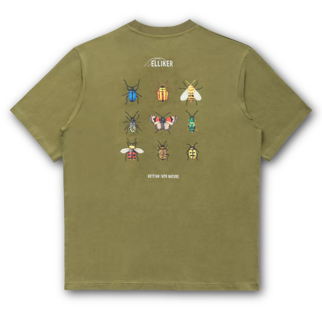 Green graphic t-shirt with insect illustrations on the back, brand 'ELLIKER' visible. Relaxed fit