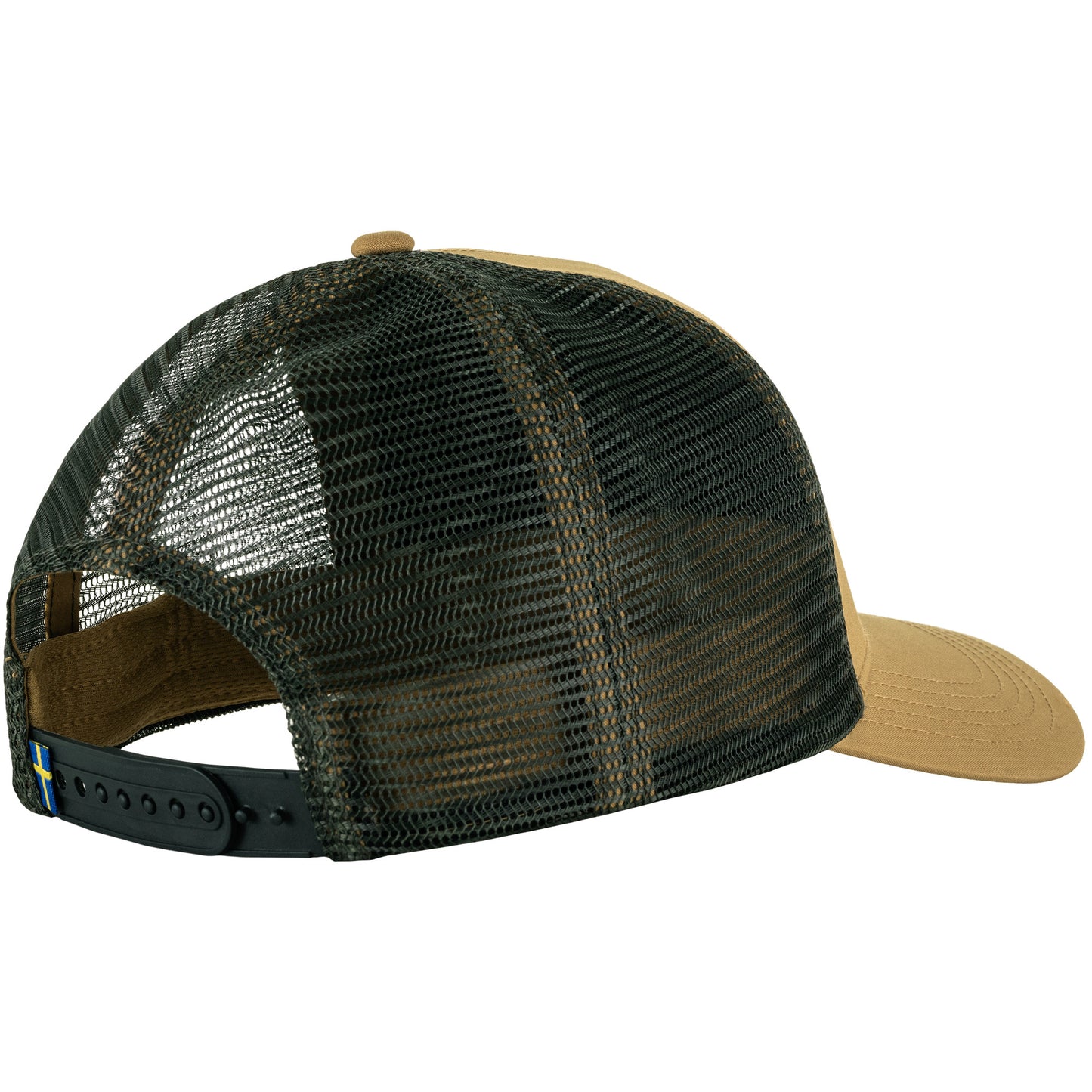 Trucker hat with mesh back and brown brim on a white background with adjustable back sold at regent in salisbury