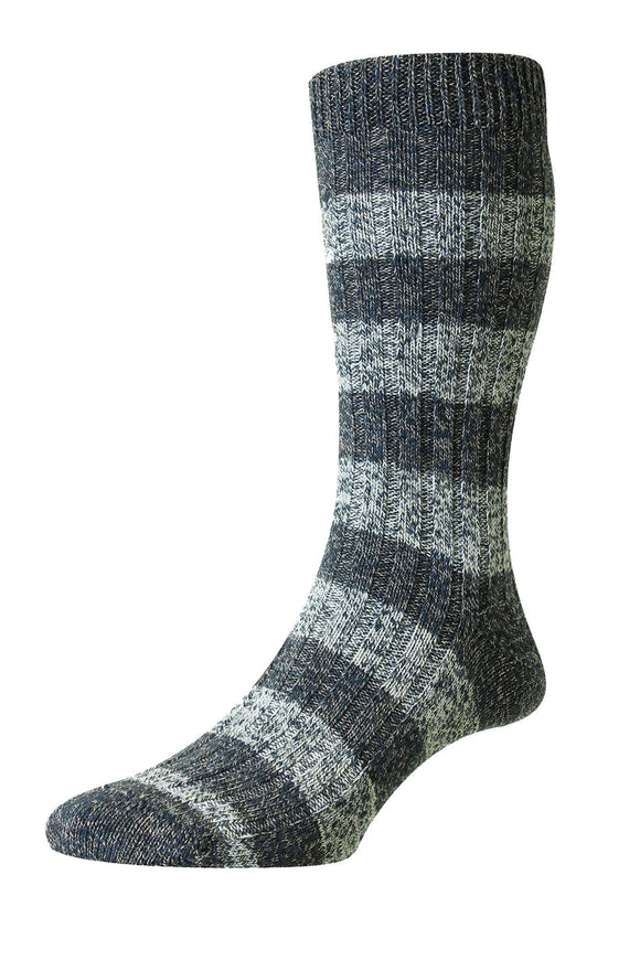 Pantherella Rockley recycled yarn socks in a navy blue and sky blue marled pattern