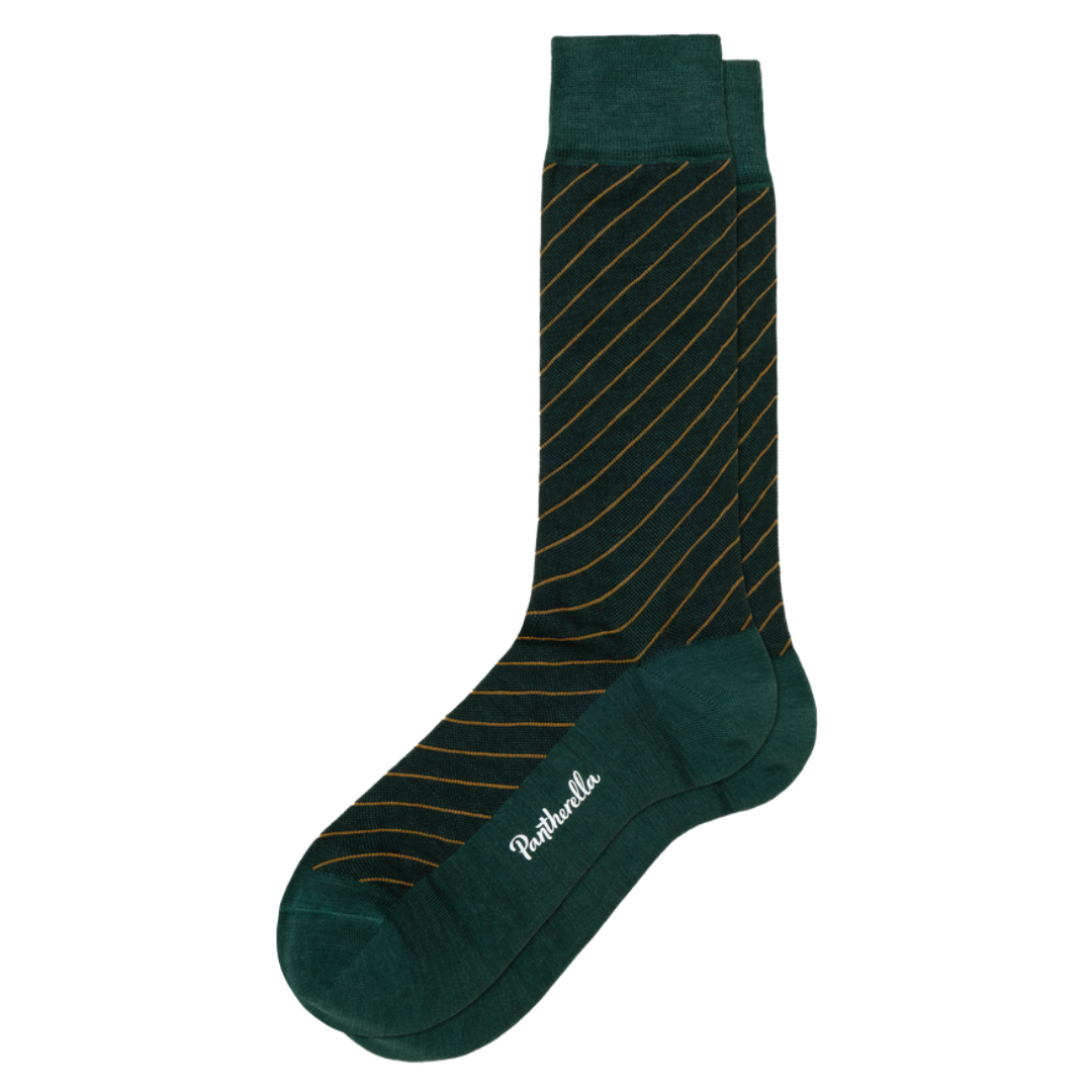 A single dark green crew sock with thin diagonal gold stripes, featuring the brand name 'Pathella' in white script on the toe, shown against a plain white background.