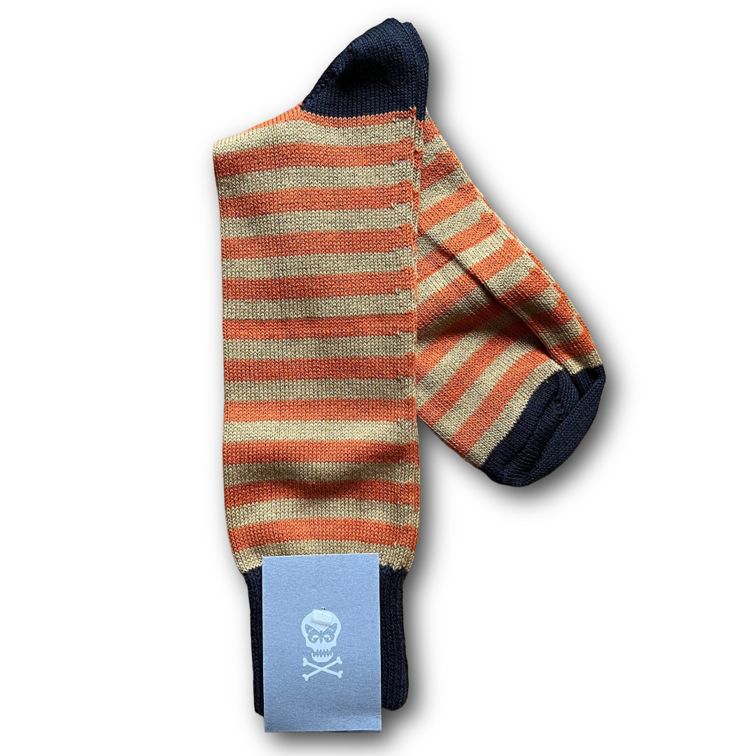 Orange and khaki narrow hoop socks with contrasting navy toe and heel sold at regent in salisbury