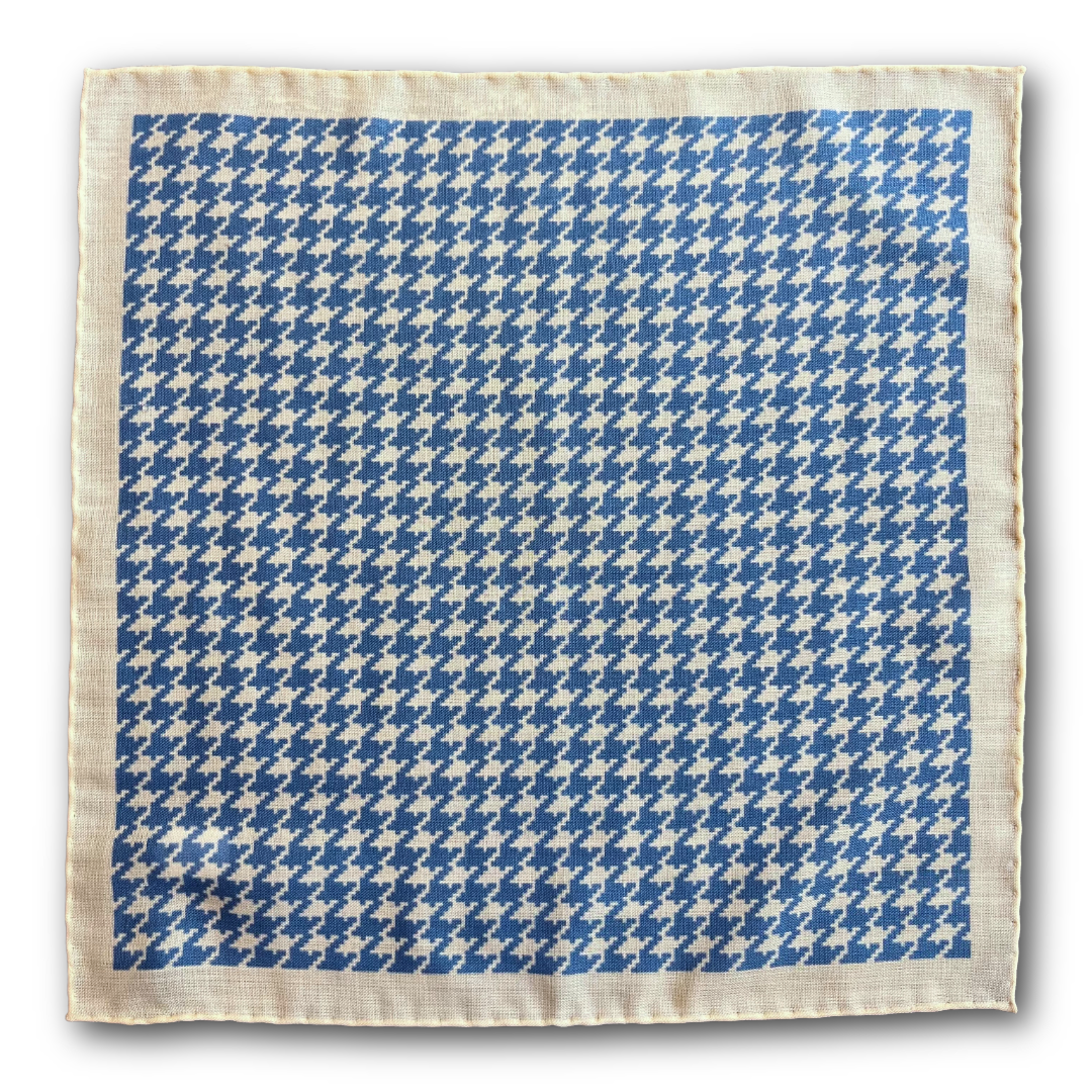 Regent - Wool/Silk Pocket Square - Cream with Blue Houndstooth