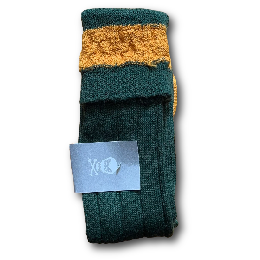 Green and mustard woollen boot sock with contrasting mustard cuff sold at regent in salisbury