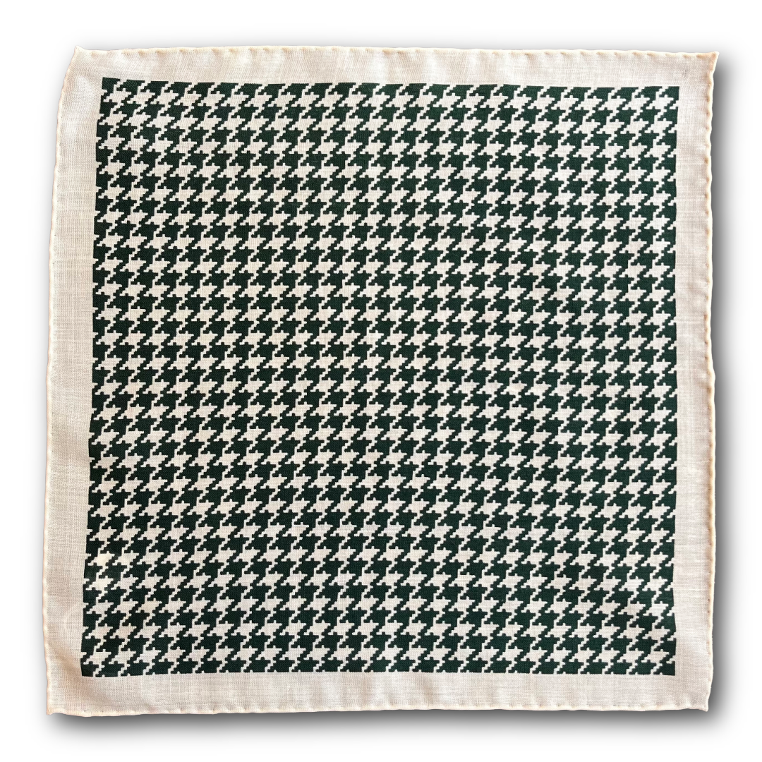Regent - Wool/Silk Pocket Square - Cream with Green Houndstooth