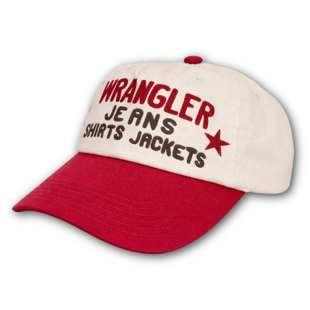 Red and beige cap with Wrangler branding in Wiltshire