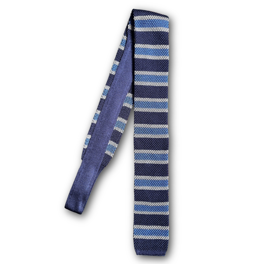 Regent - Knitted Silk Tie - Blue/Navy/Grey Stripe