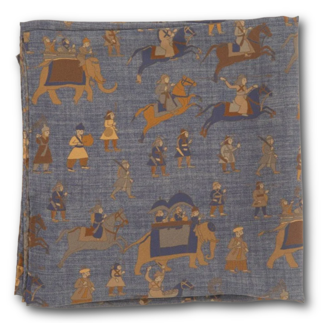 Regent - Lightweight Silk Scarf - Elephants and Warriors - Slate Blue