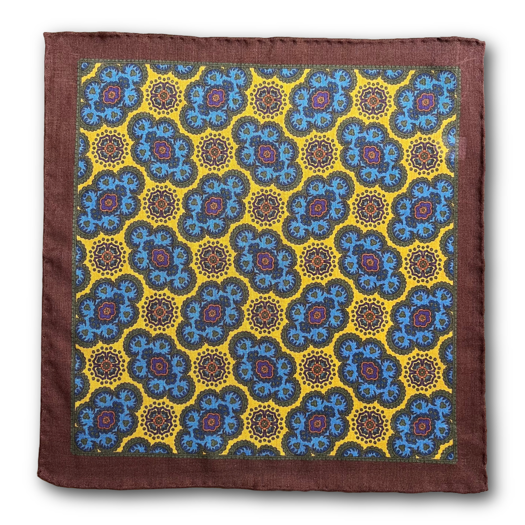 Regent - Wool/Silk Pocket Square - Yellow/Blue/Burgundy Motif