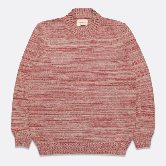 Twisted yarn knit mock neck sweater with red and sand colour way.