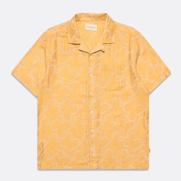 Honey and gold Jacquard style relaxed collar short sleeve shirt.