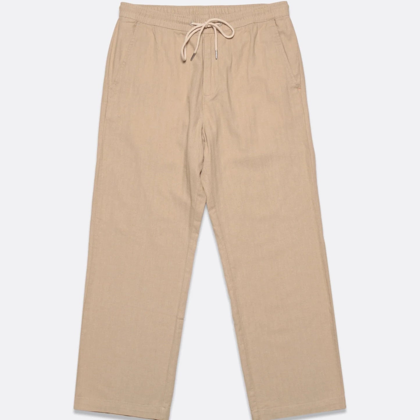 Sand herringbone trousers with elasticated, drawstring waistband.