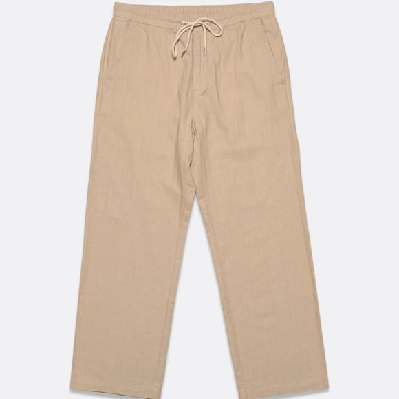 Sand herringbone trousers with elasticated, drawstring waistband.
