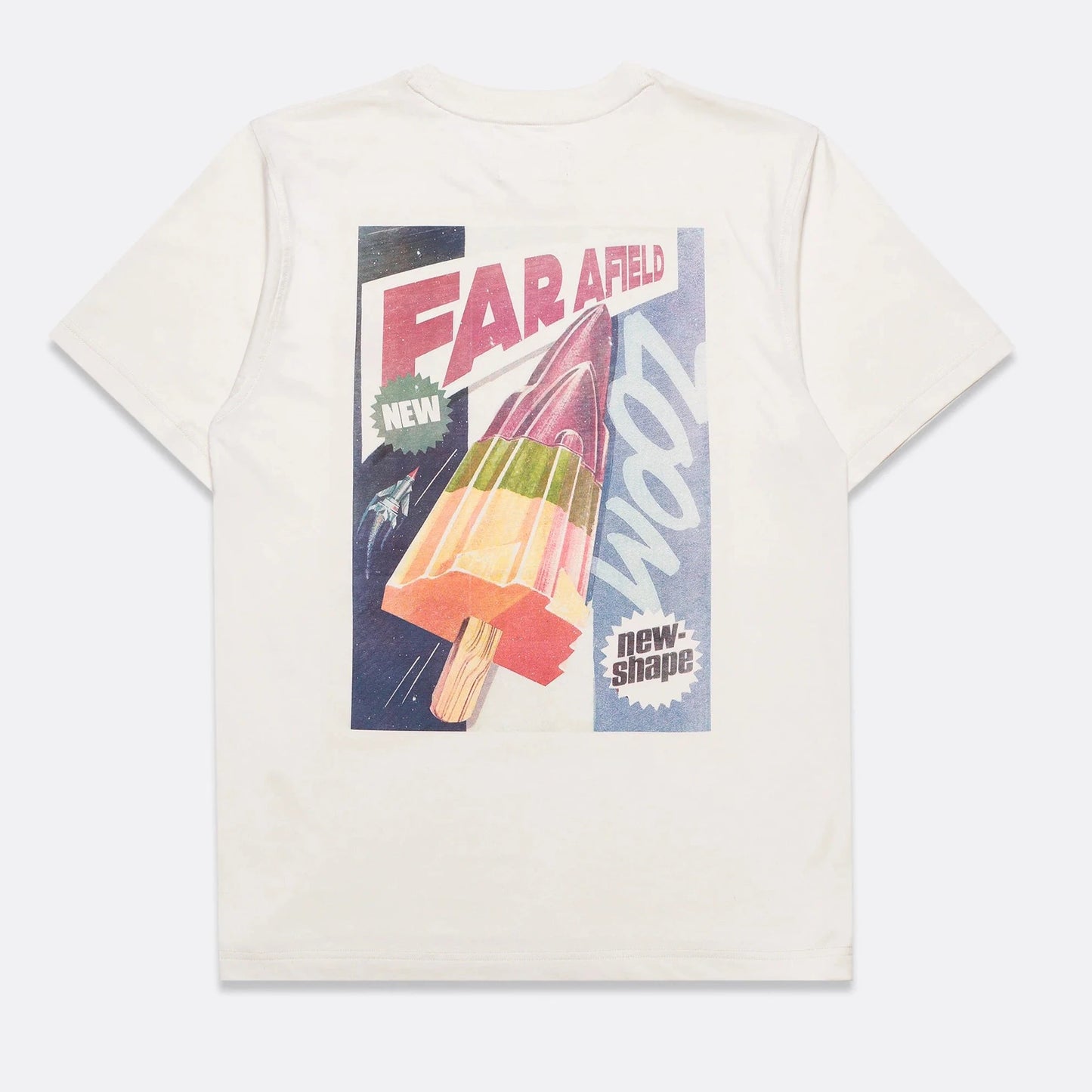 Rocket lolly advert design on the back of a plain white tee