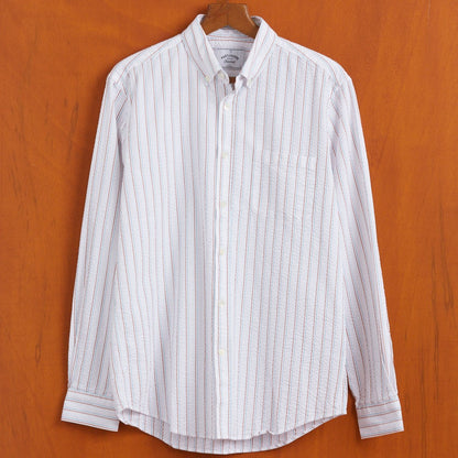 Long sleeve multi stripe cotton shirt with crinkle finish.