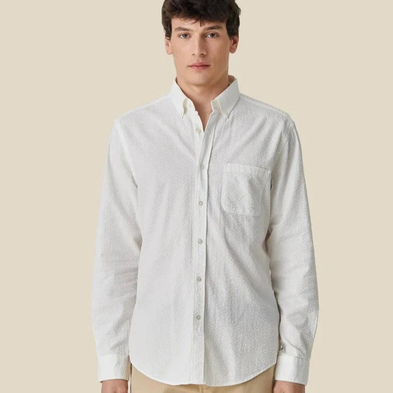 Long Sleeve 100% cotton white shirt with crinkle finsih.