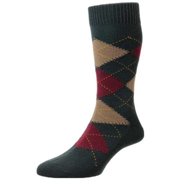 Pantherella racton sock, in a argyle print with a racing green, burgundy and yellow colour way