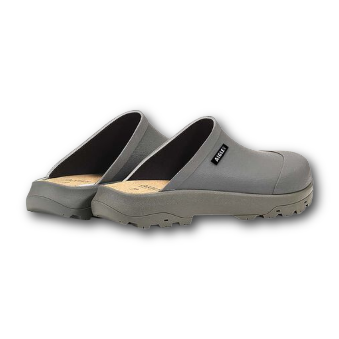 back of close toe Grey comfortable Aigle clogs sold at regent in Salisbury made from rubber
