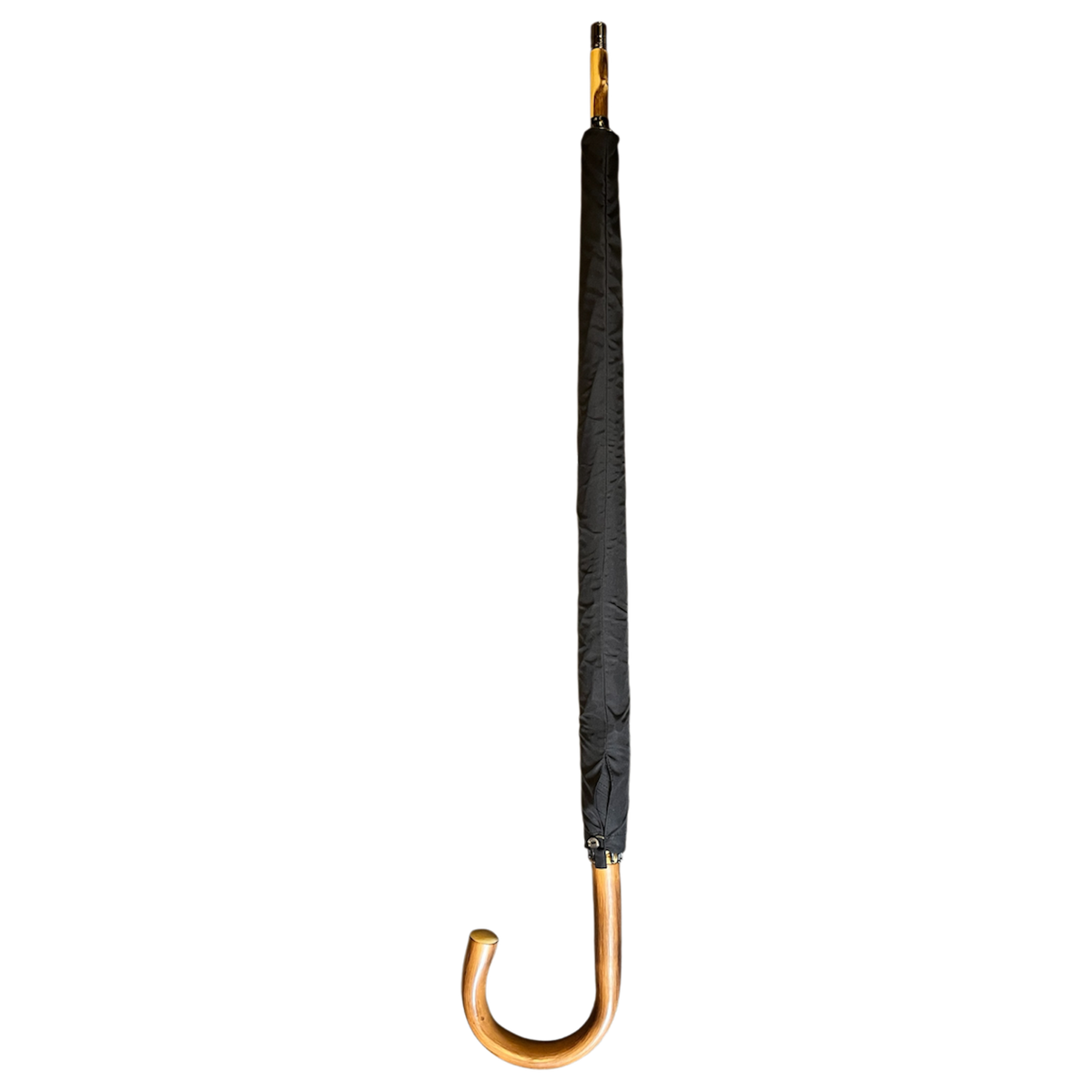 A classic J-shaped cane umbrella with a black fabric canopy and a curved wooden handle, shown vertically against a plain white background.