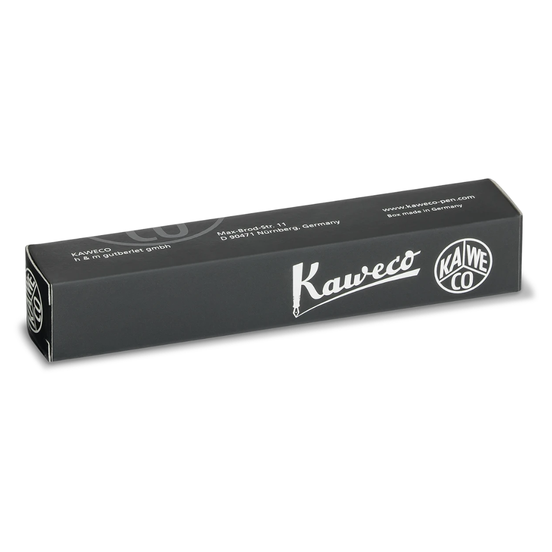 A long, rectangular black cardboard box for Kaweco products, shown at an angle on a white background. The box features the Kaweco brand name in white script and a circular logo.
