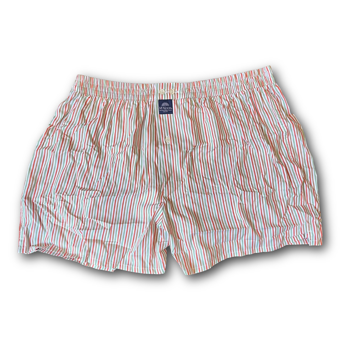 Striped boxer shorts with a brand label on a white background