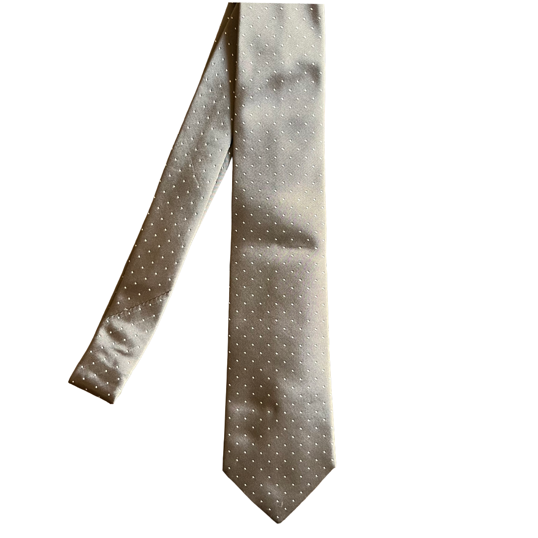 A metallic silver tie with a fine dotted pattern, shown against a plain white background.