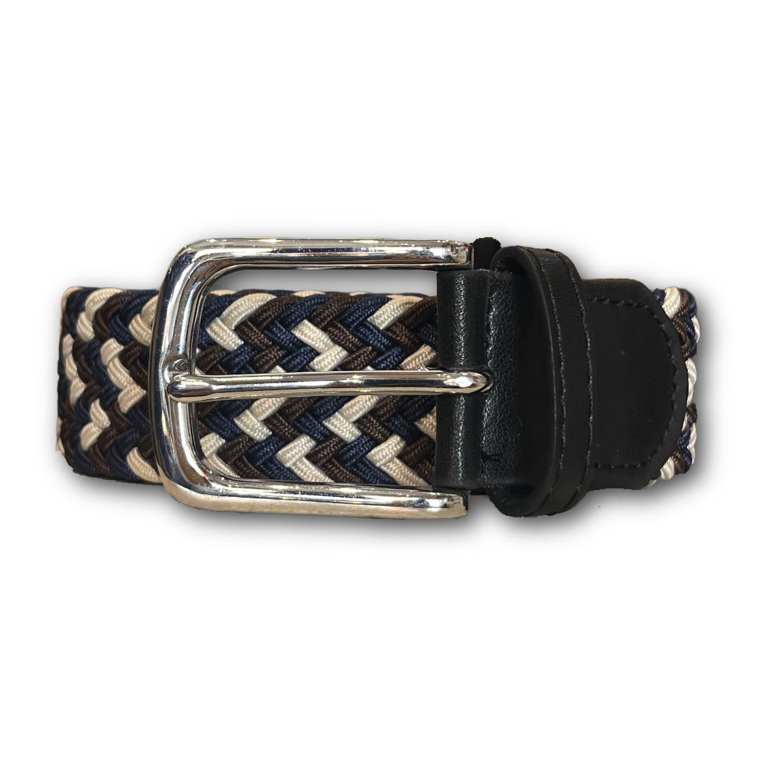 Regent - Woven Elastic Belt - Brown, Navy and Cream