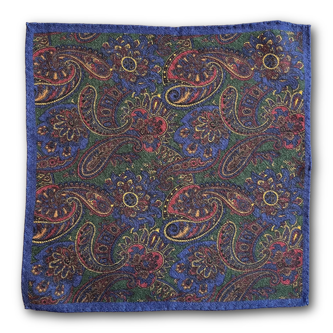 Regent - Wool Pocket Square - Navy and Green Paisley