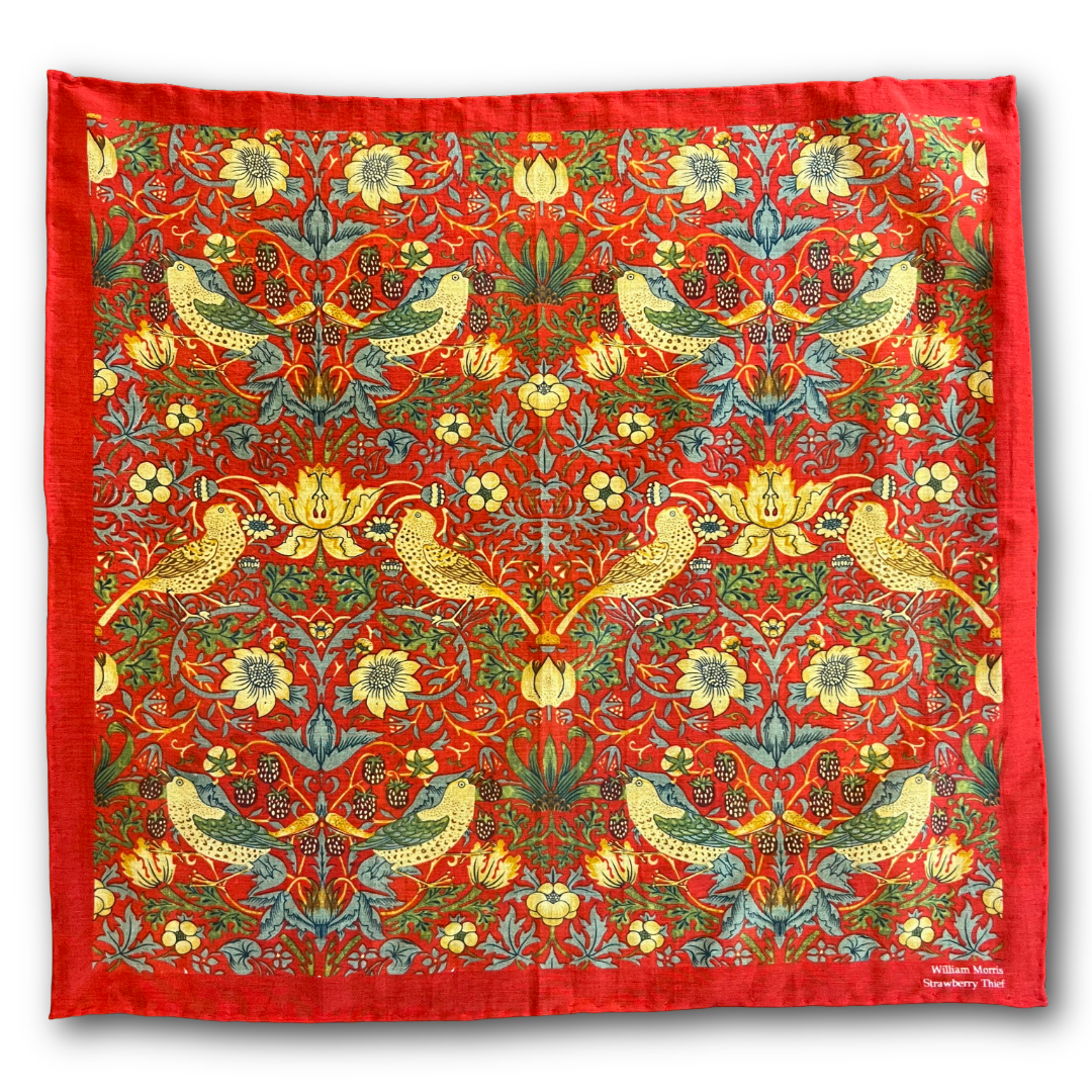 Regent - Cotton/Silk - Pocket Square - William Morris Liberty Print 'Strawberry Thief' Pattern - Red