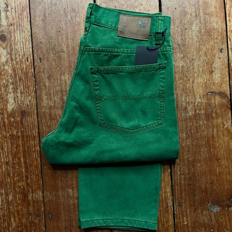 Green Jeans, regular fit, 5 pockets and belt hooks. leather regent tag on back.