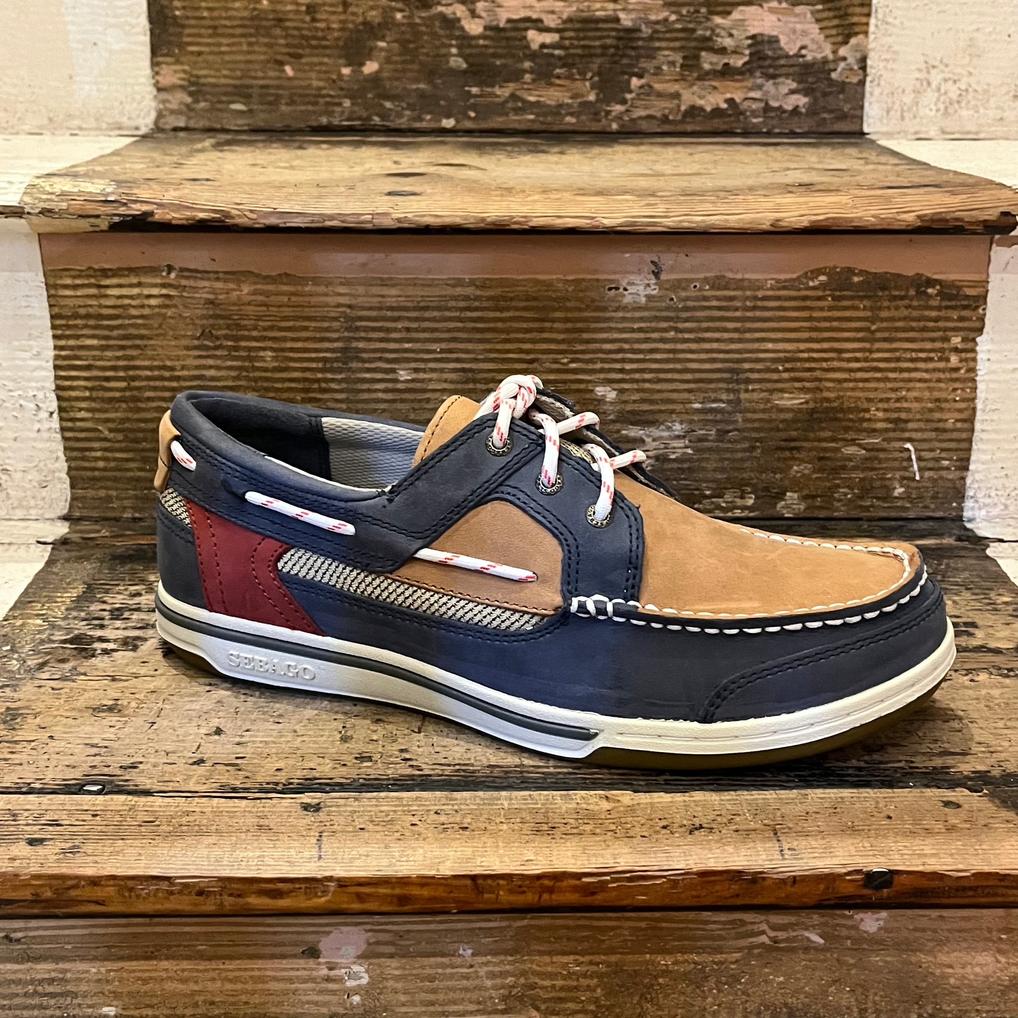 Sebago blue leather and beige suede three eyelet boat deck shoe