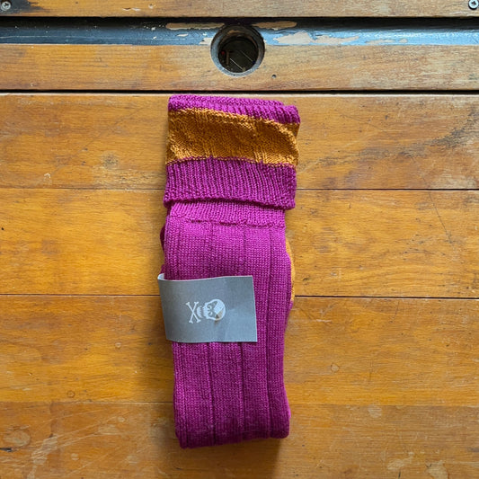 Raspbery coloured woollen boot sock with contrasting ginger cuff