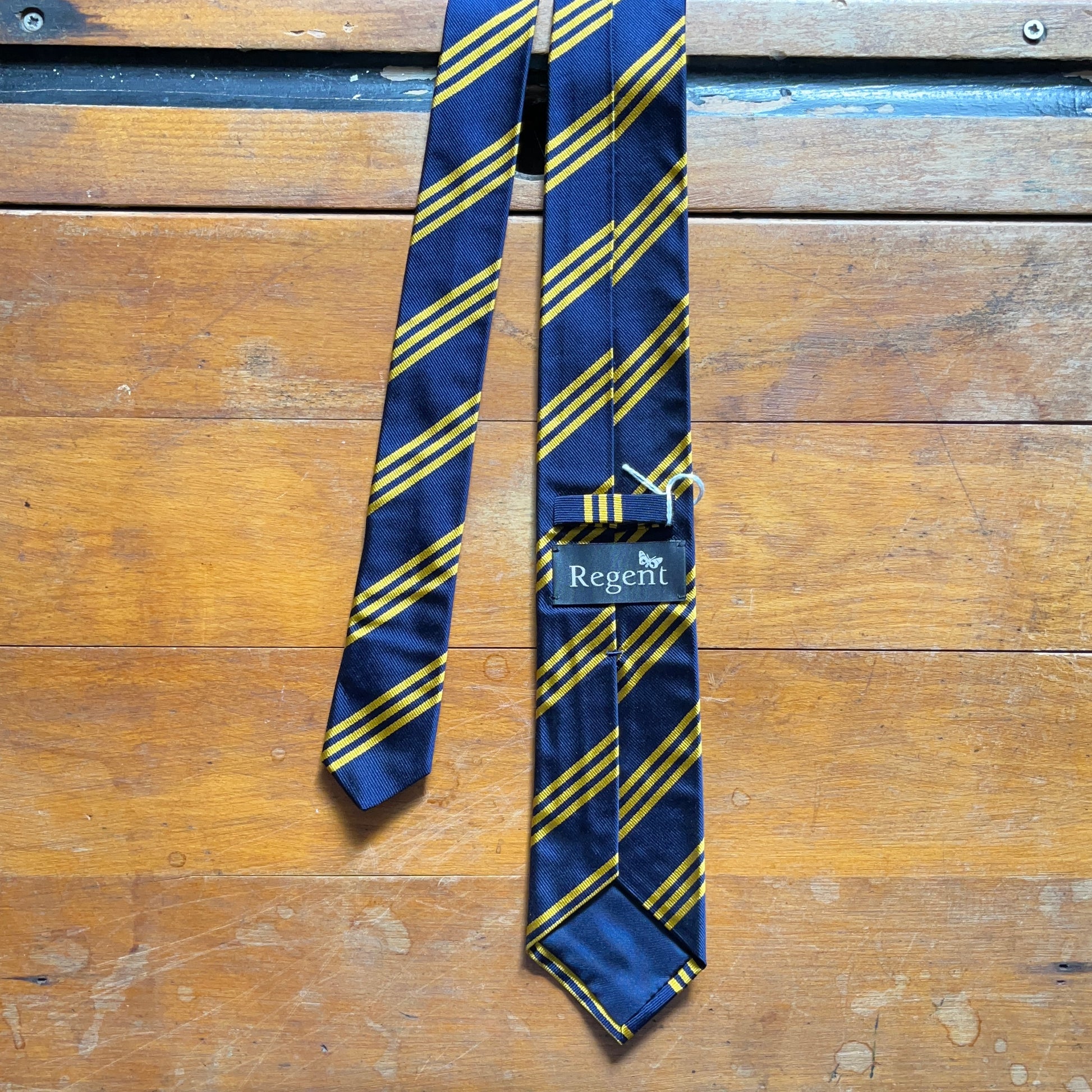 Regent woven silk tie - navy with triple yellow stripes - reverse
