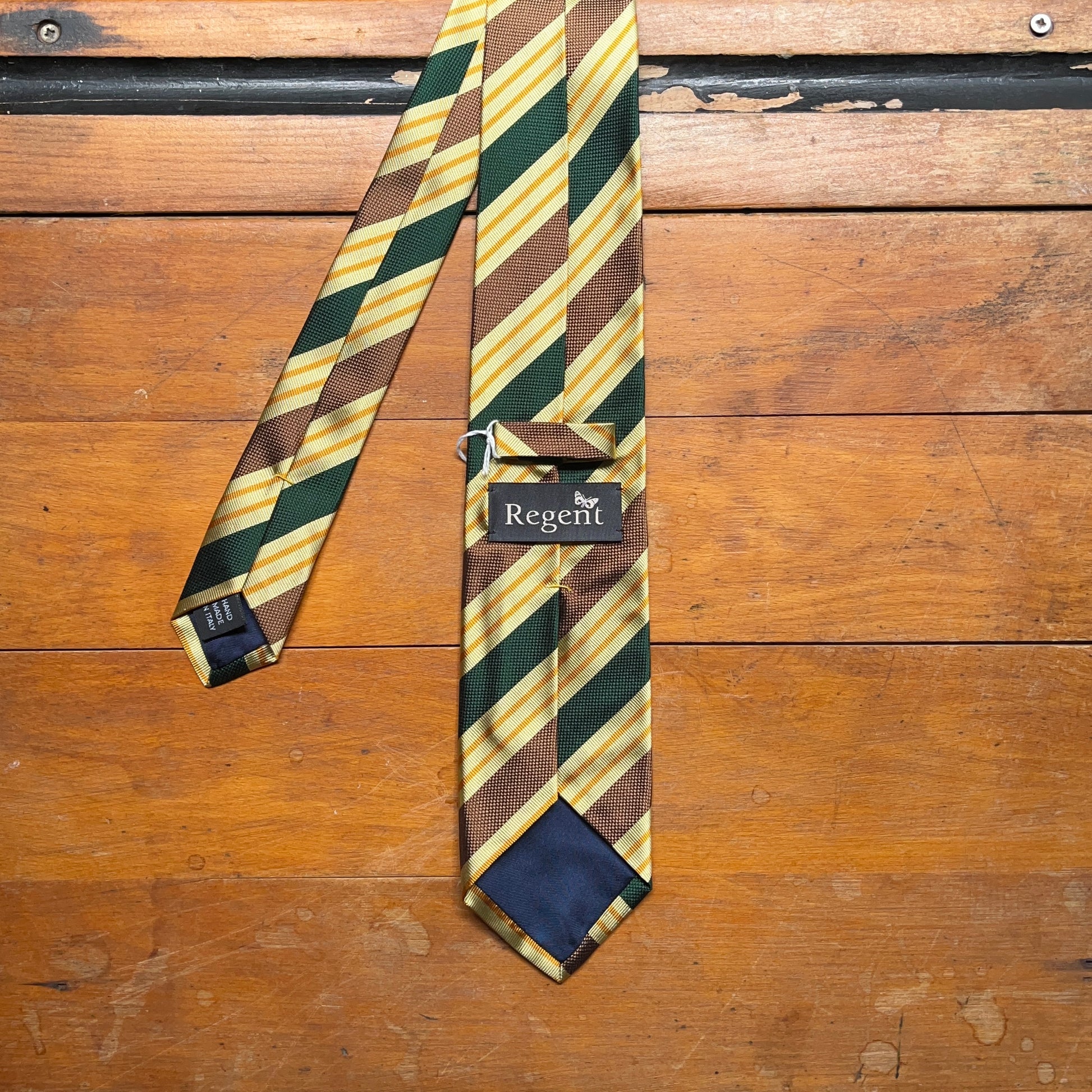 Regent - Woven Silk Tie - Brown and Racing Green Stripes - reverse