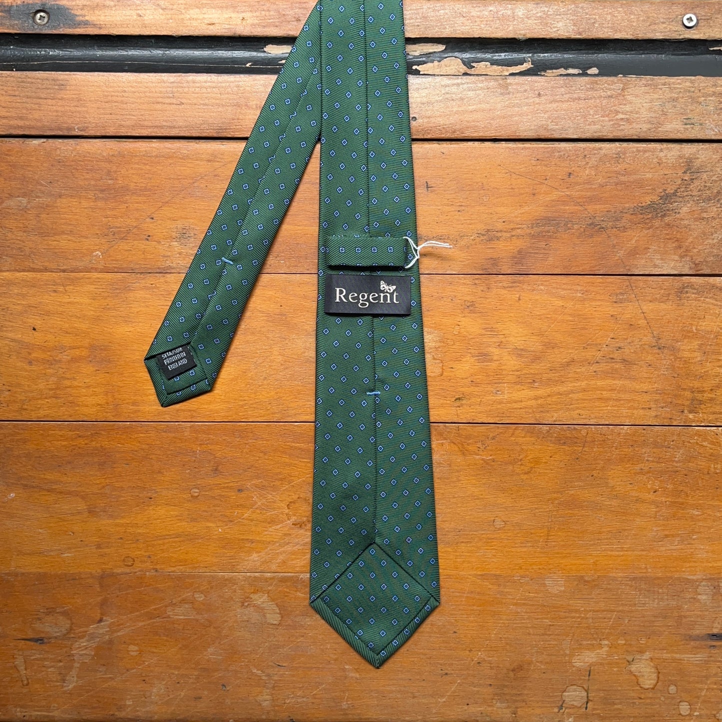 Regent - Woven Silk Tie - Blue Diamonds on Racing Green - reverse