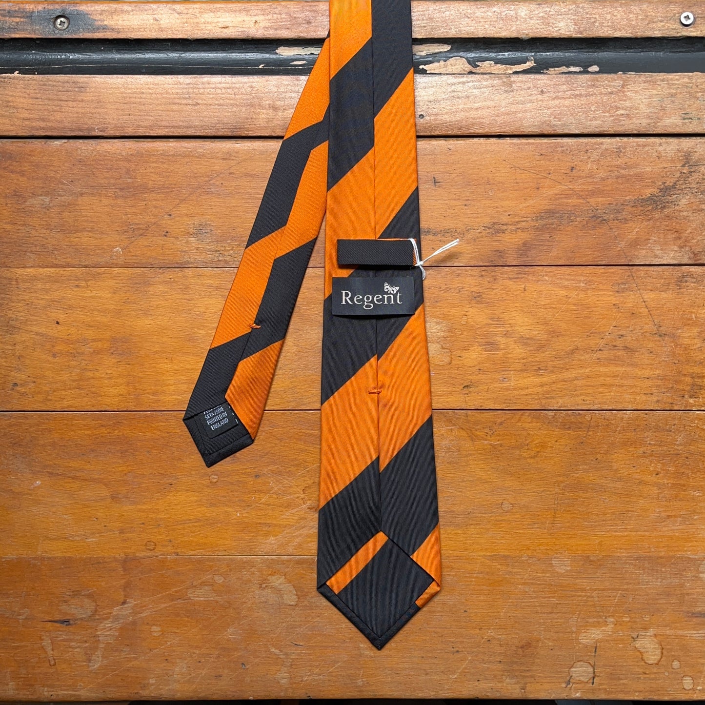 Regent - Woven Silk Tie - Printed Orange and Black Stripes - reverse
