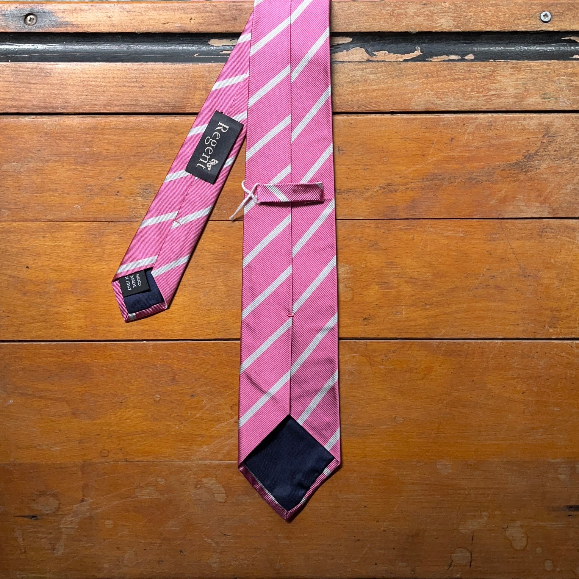 Regent - Woven Silk Striped Tie - Pink with White Stripe - reverse