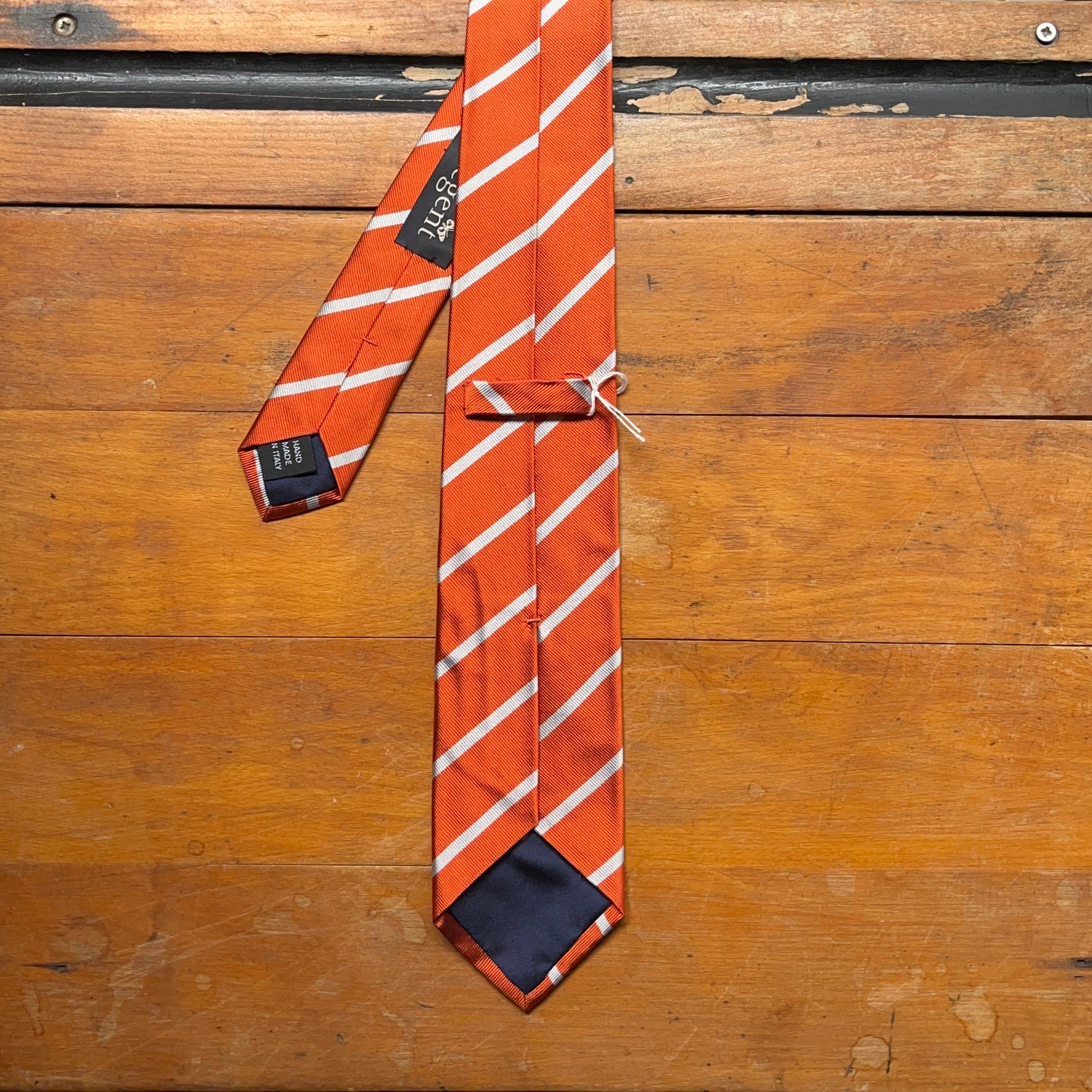 Regent - Woven Silk Striped Tie - Orange with White Stripe - reverse