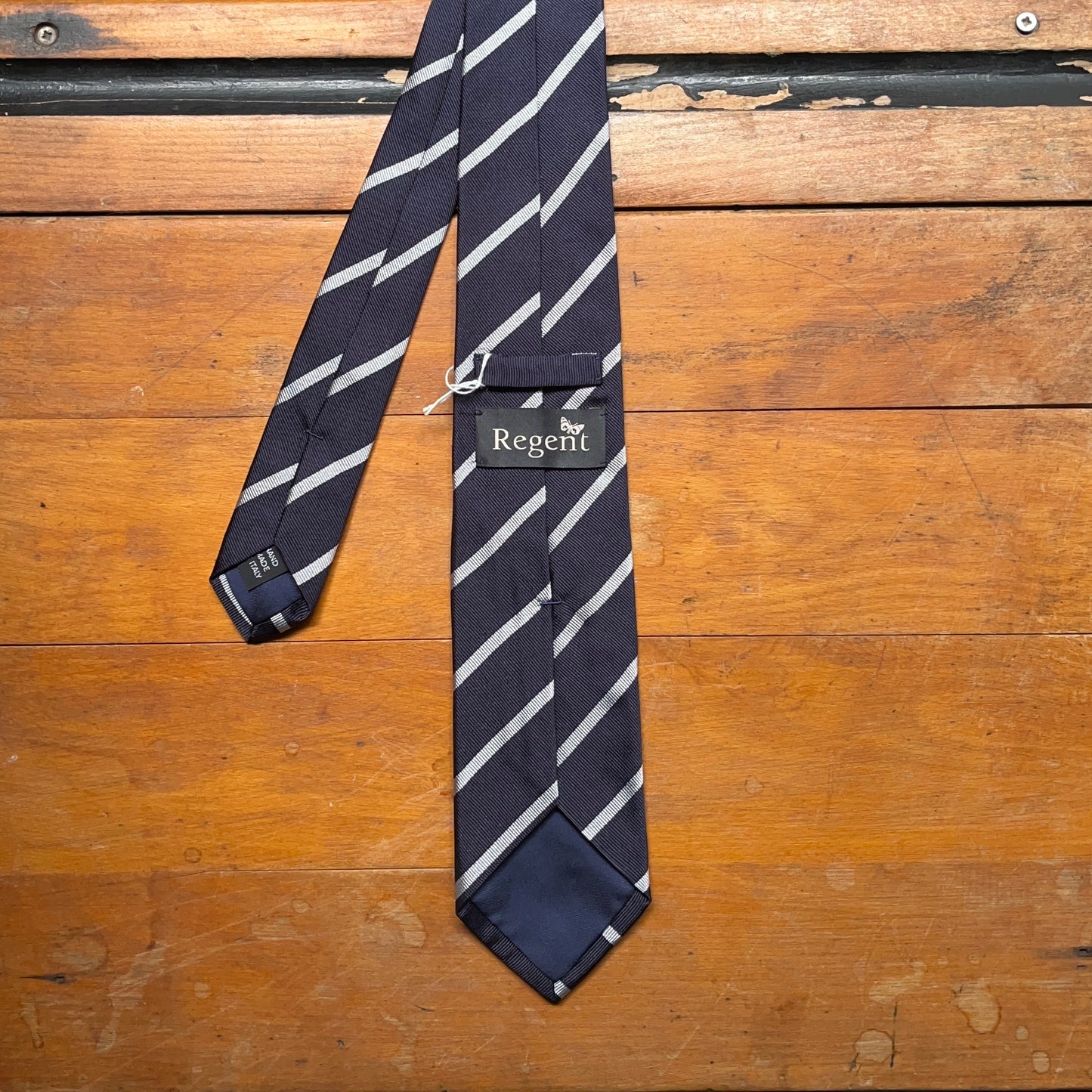Regent - Woven Silk Striped Tie - Navy and Silver - reverse