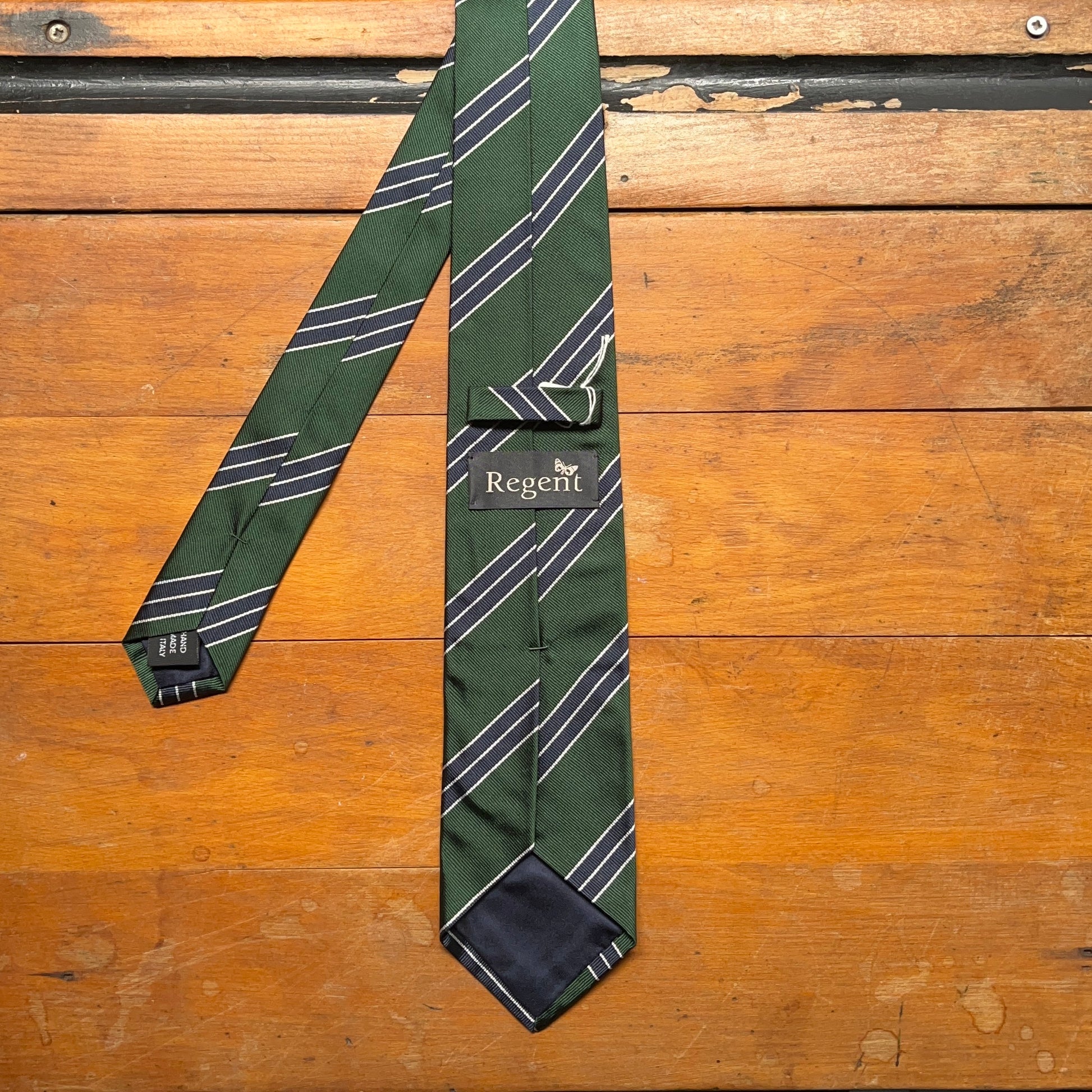 Regent Luxury Silk Tie - Racing Green with Navy White-Edge Stripe - reverse