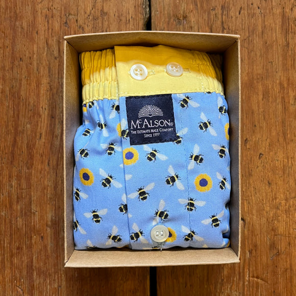Sunflower & bee print blue boxers with contrast yellow band.