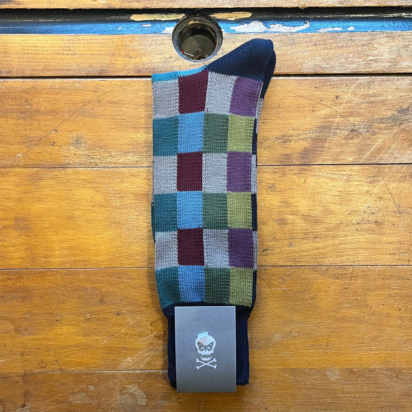 Regent - Cotton Socks - Tile Check - Navy and Multicoloured